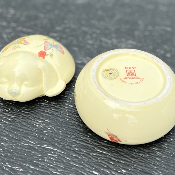 Vintage TAKAHASHI Porcelain Sleeping Dog Butterfly Trinket Dish Japan - Picture 8 of 8